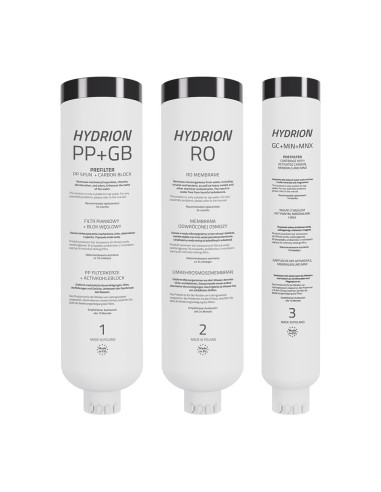 Zestaw 3 wkładów wymiennych do filtra HYDRION – prefiltr, membrana RO i postfiltr