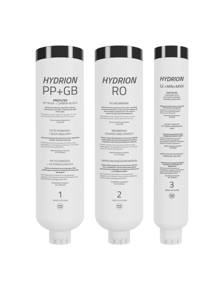 Zestaw 3 wkładów wymiennych do filtra HYDRION – prefiltr, membrana RO i postfiltr